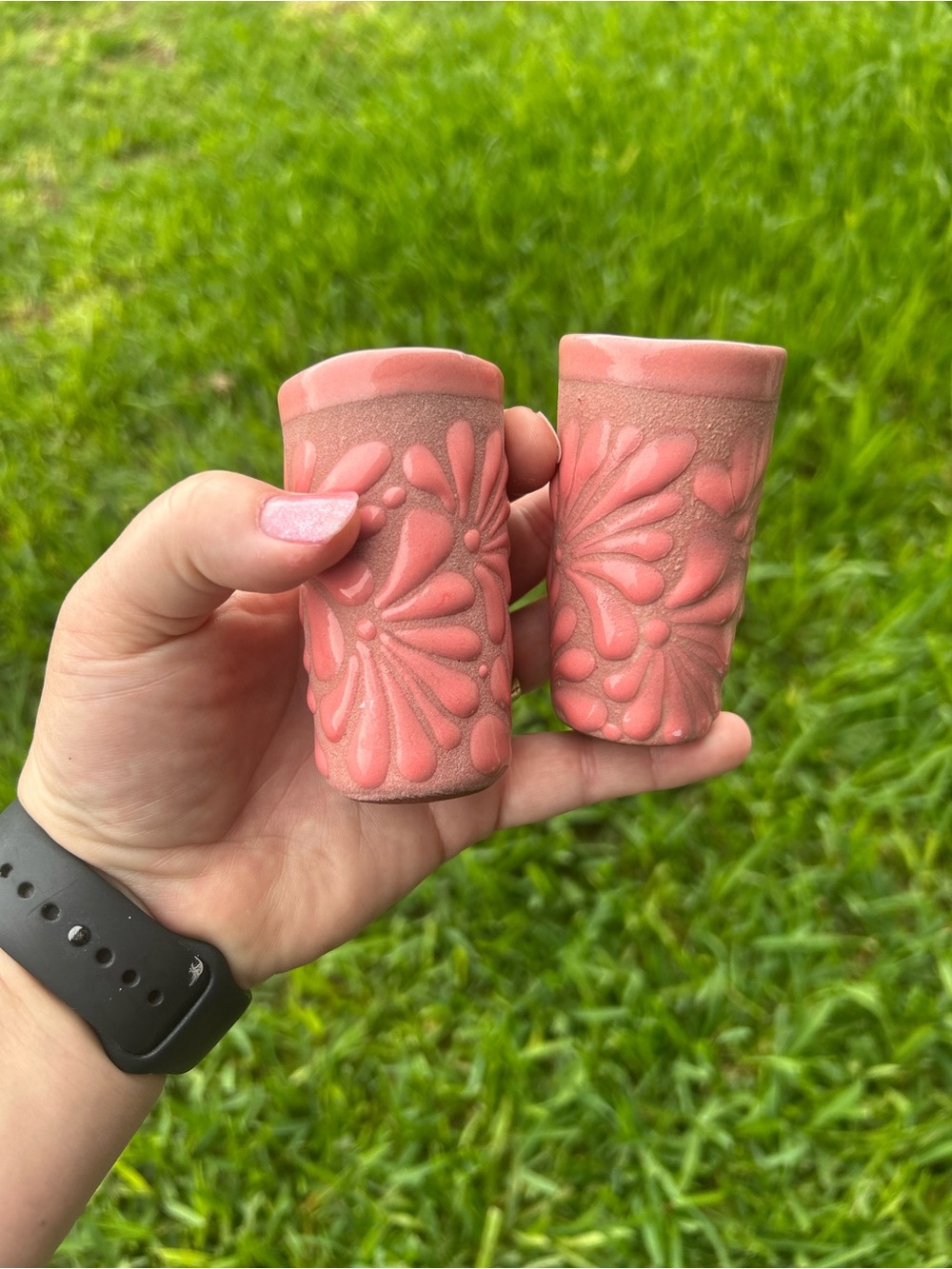 Mexican Talavera Pink Floral Embossed Clay Shot Glasses - Set of 2